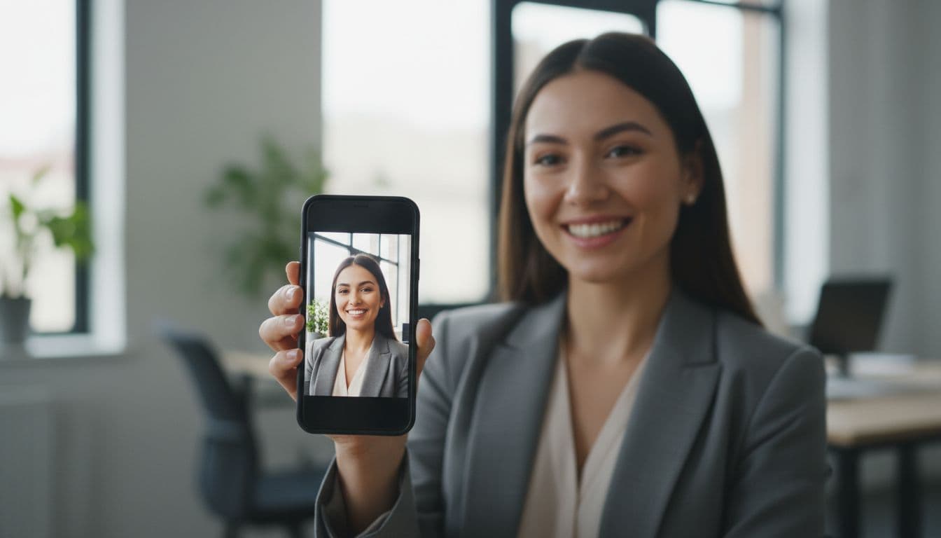 Smiling professional looking at a finished AI-generated headshot on a phone in a modern office