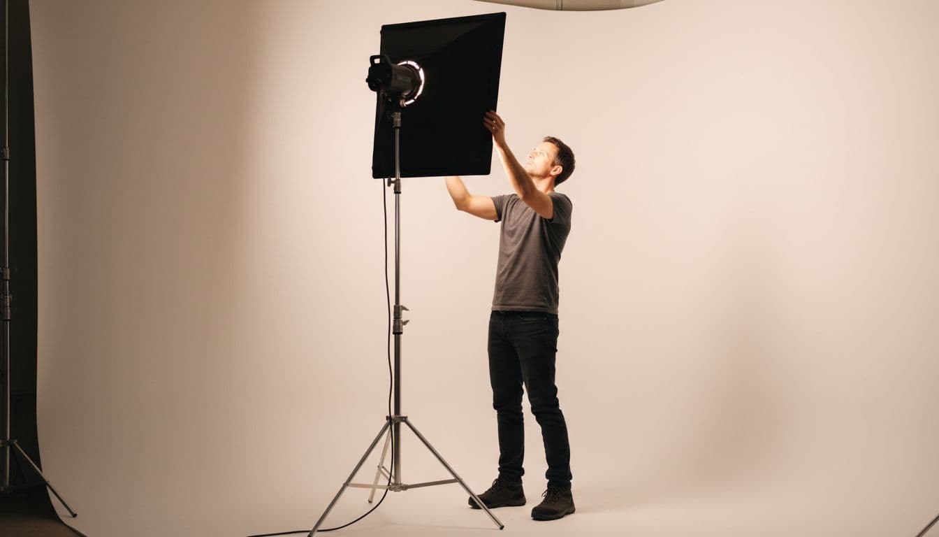 Professional photographer adjusting studio lighting before a portrait session, the traditional alternative to an AI headshot generator app