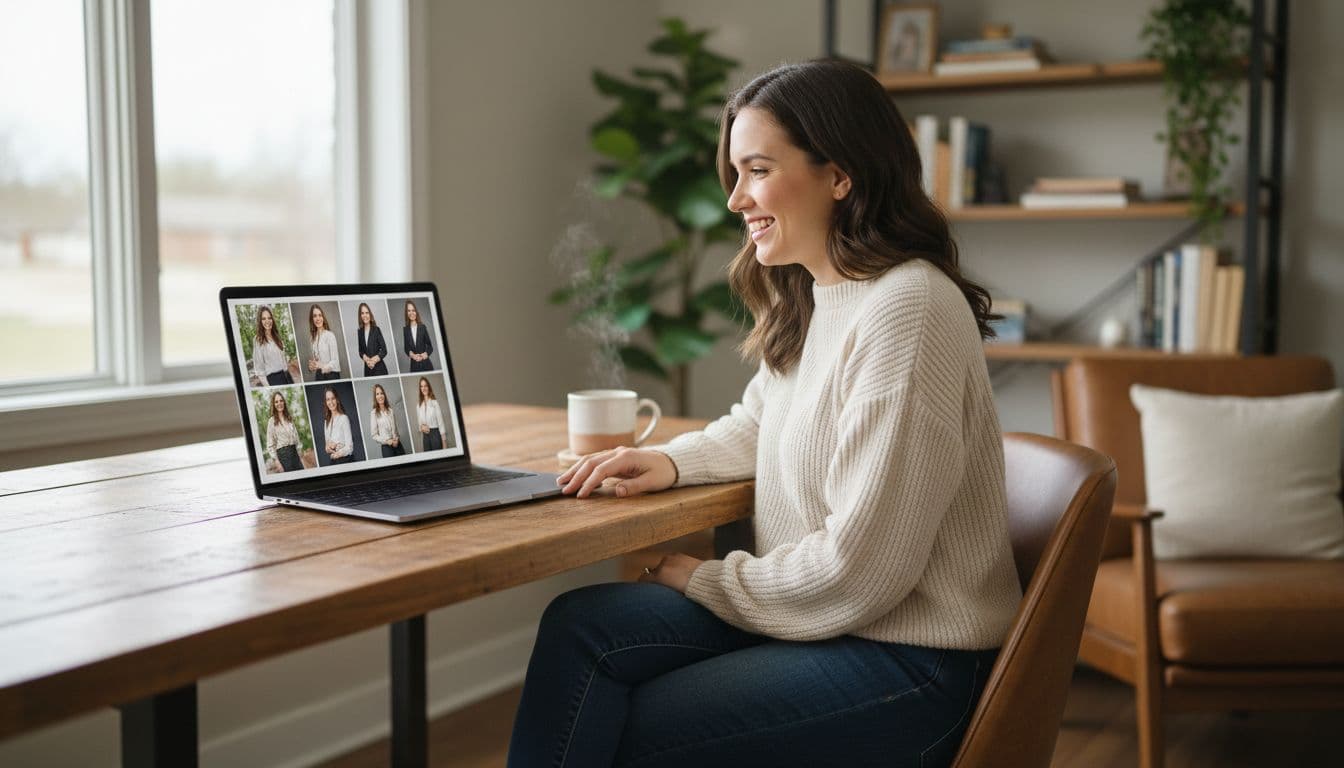 Person smiling while reviewing a set of AI-generated professional headshots on a laptop screen