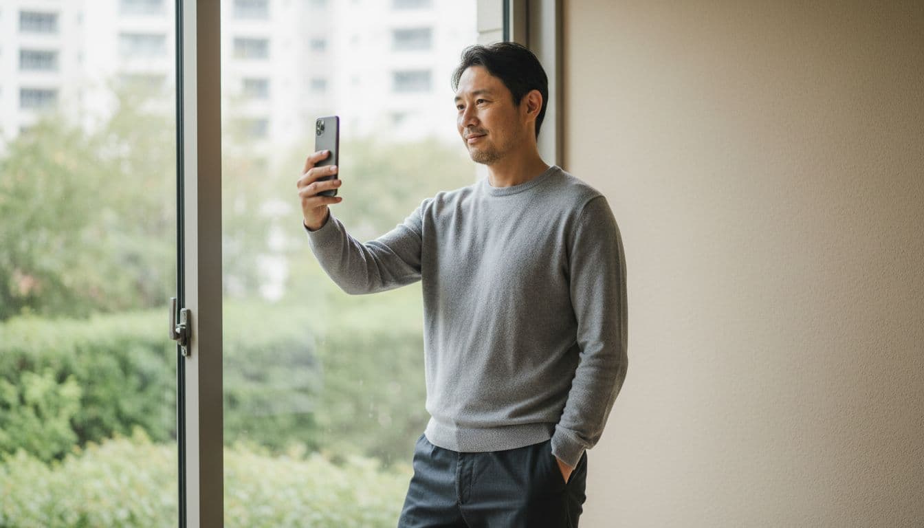 Person taking a selfie in soft window light, the kind of input photo an AI headshot generator app needs