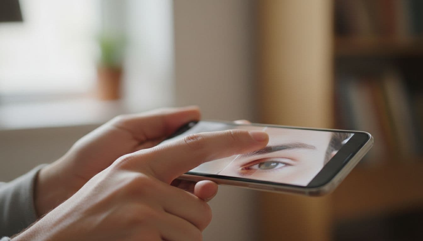 Close-up of hands checking the corners of a phone photo for a hidden watermark before trusting an export