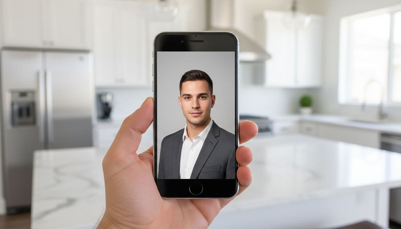Hand holding an iPhone open to a professional headshot generated by an AI photo editor app