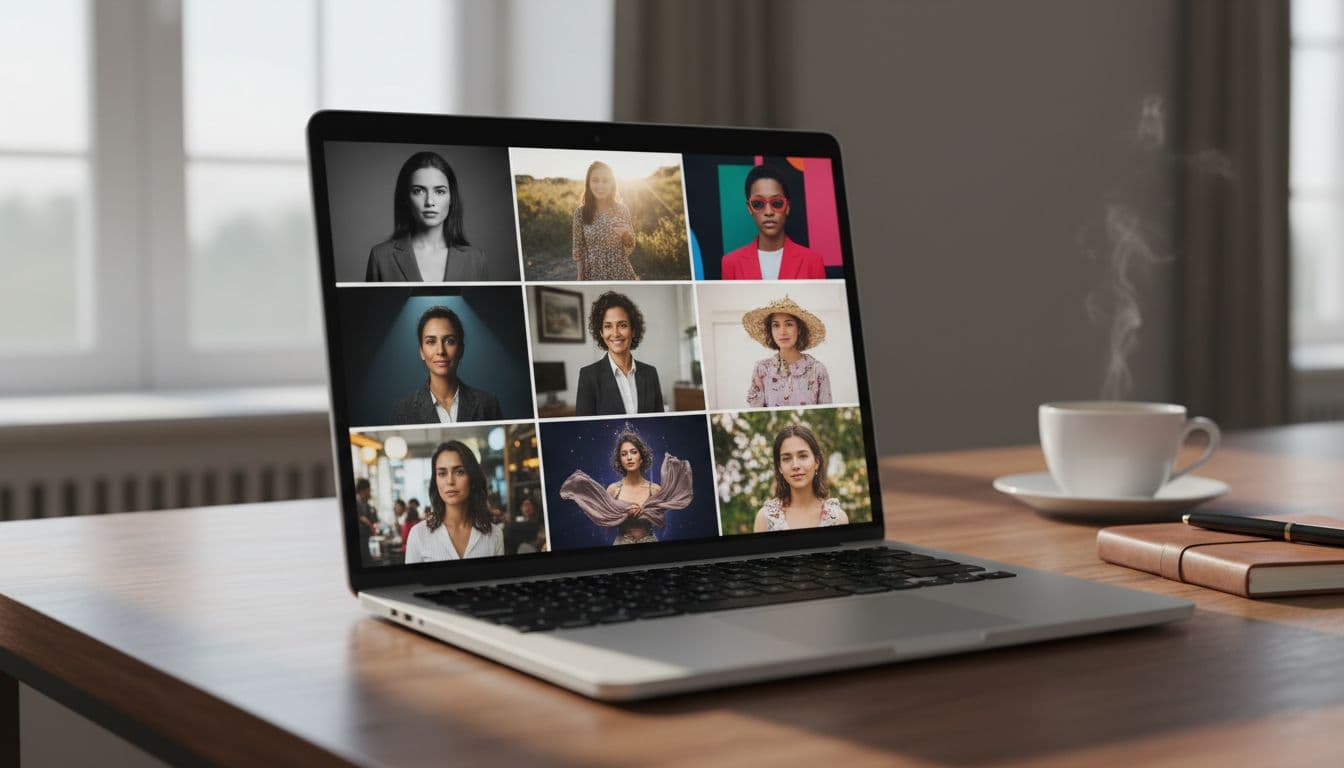 Laptop screen comparing several AI generated headshot styles side by side in a web browser