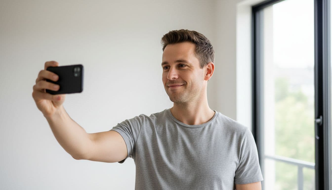 Man taking a selfie beside a bright window as the starting photo for an AI photo editor