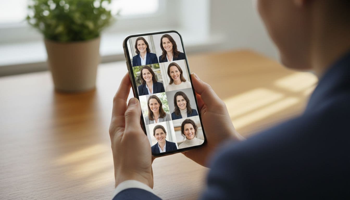 Person holding a smartphone and comparing several different AI-generated portrait styles side by side on the screen