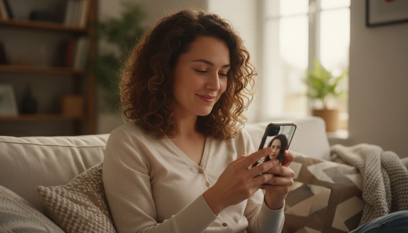 Woman looking at her phone screen showing a natural, cinematic AI-generated portrait, reflecting AI photo trends 2026