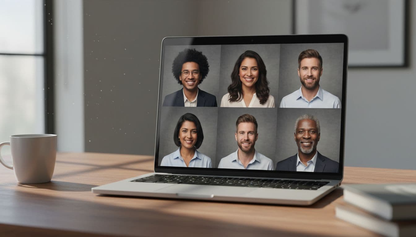 Laptop screen showing a grid of team members with matching, consistent AI-generated headshots in the same style