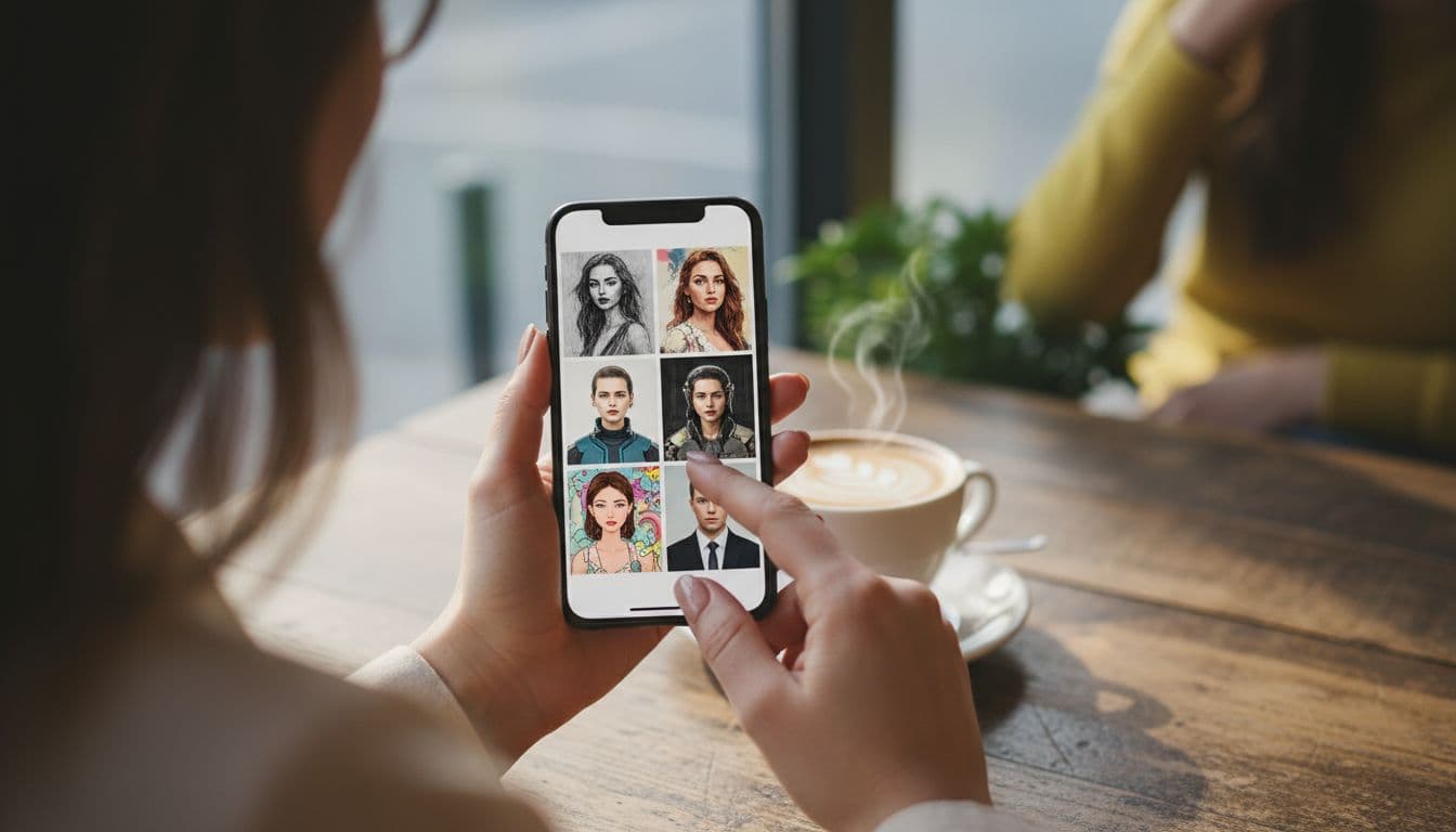 Woman comparing AI headshot generator style options on her phone at a cafe table