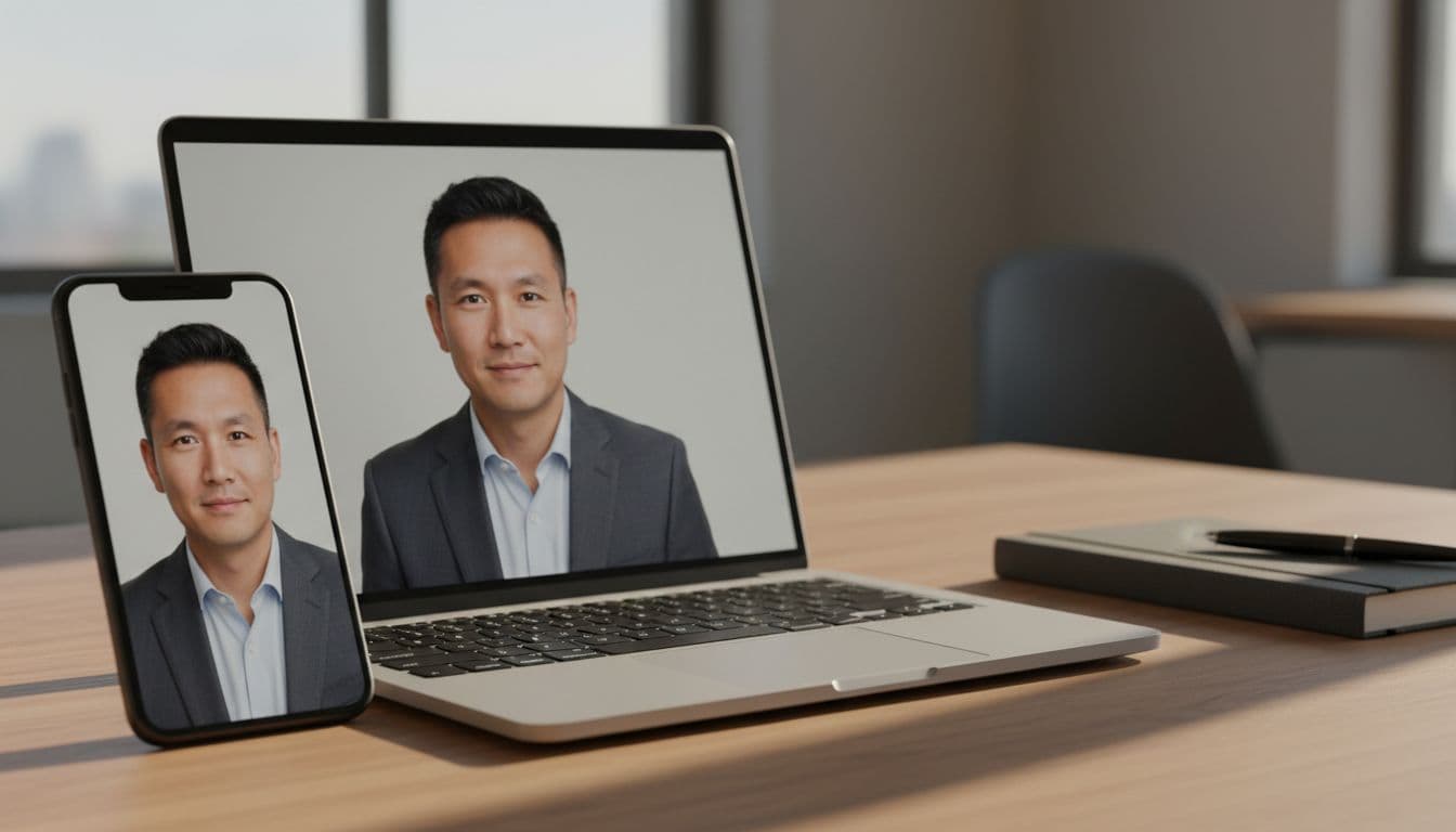 iPhone and laptop side by side both showing the same AI-generated professional headshot