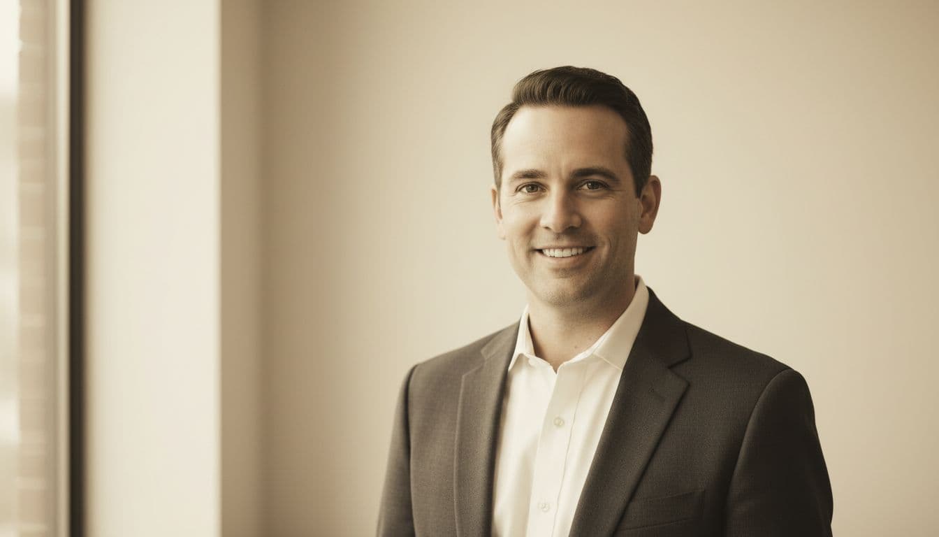 Smiling man in a blazer photographed in soft natural window light for a professional AI headshot