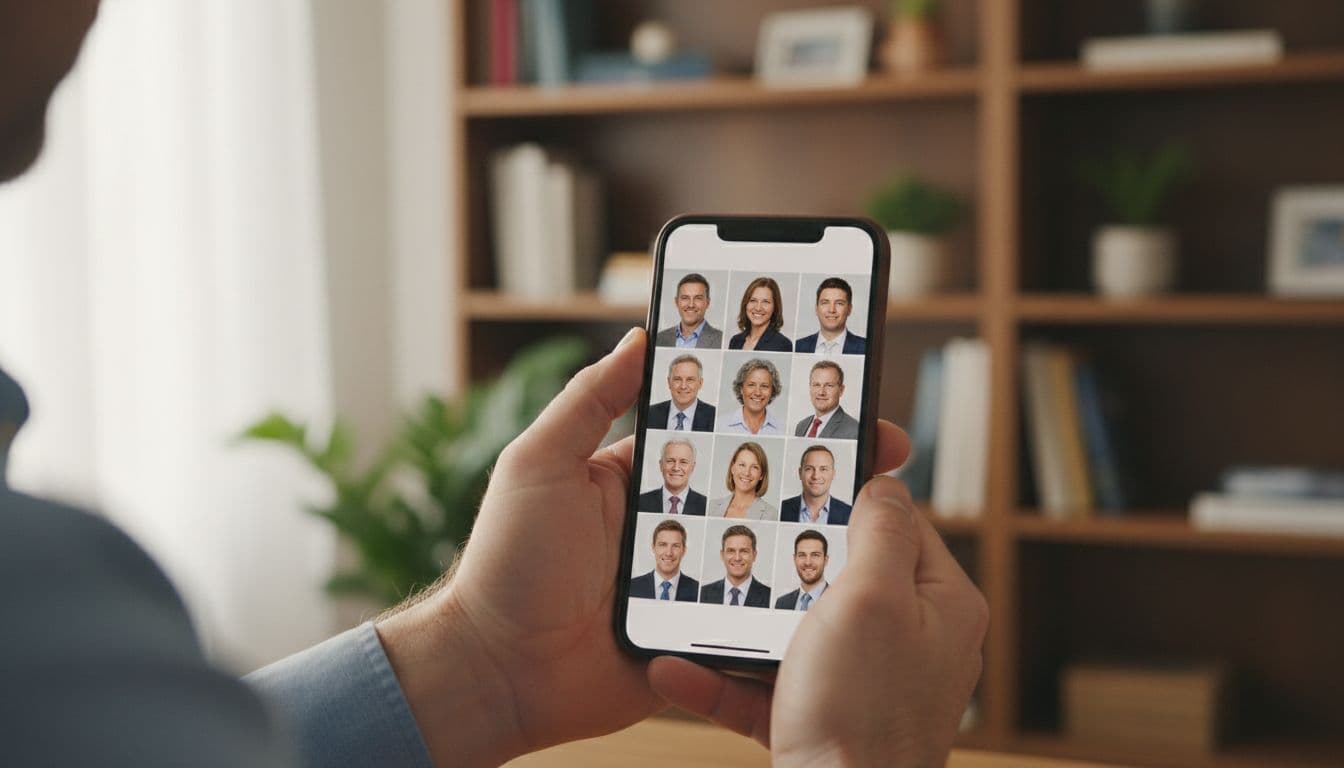 Man reviewing a set of AI-generated professional headshots on a smartphone at a home desk