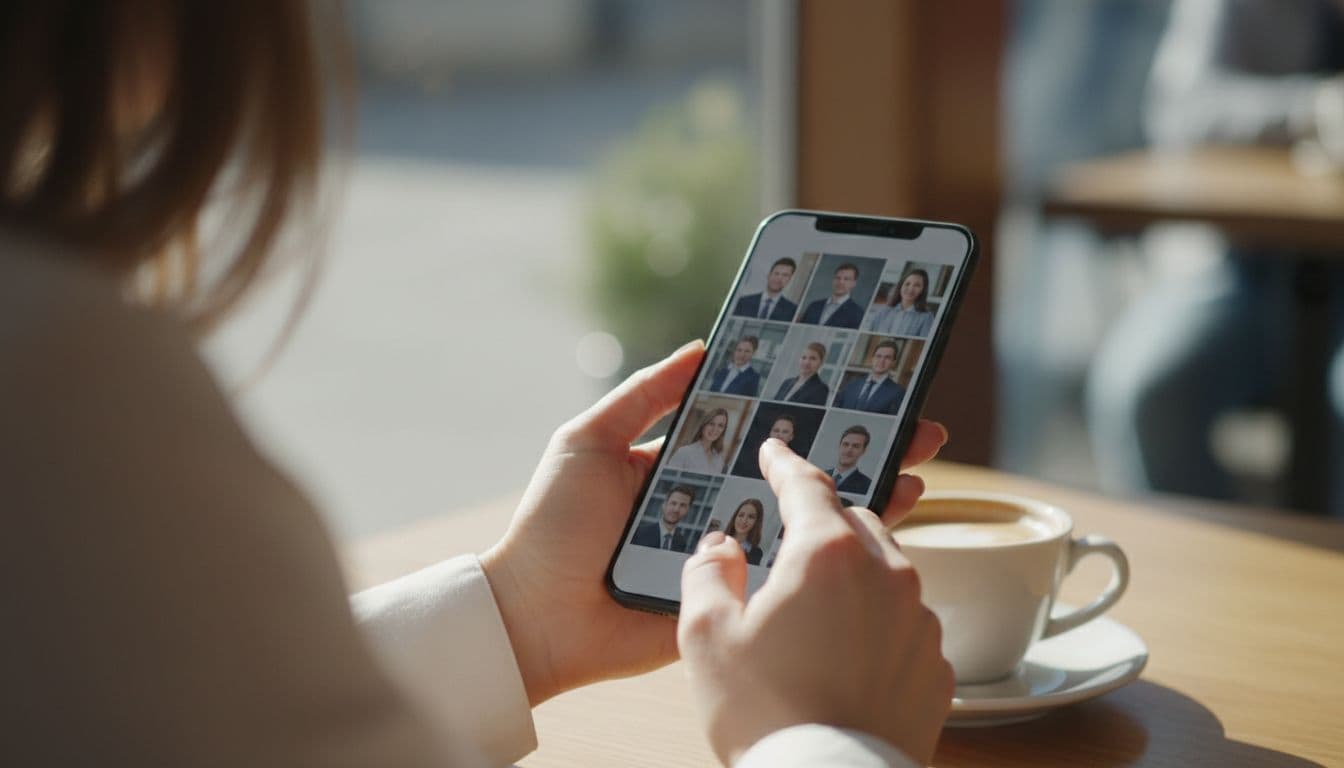 Woman swiping through AI photo app style options on her phone at a cafe table