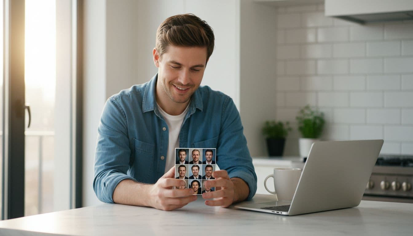 Best AI photo app 2026 comparison: man reviewing AI headshot styles on his phone at a kitchen counter