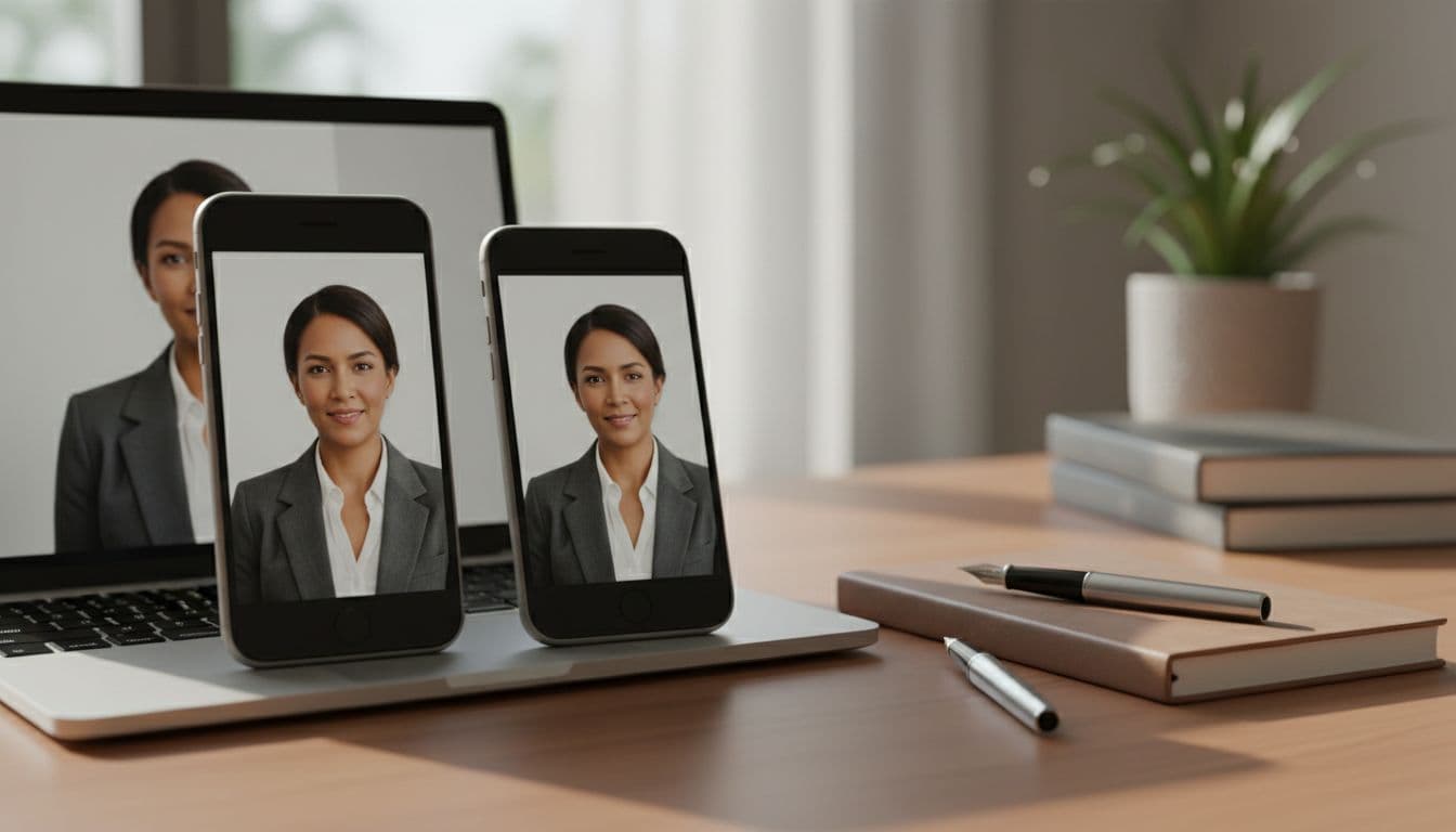 iPhone and laptop side by side both showing a polished AI-generated professional portrait