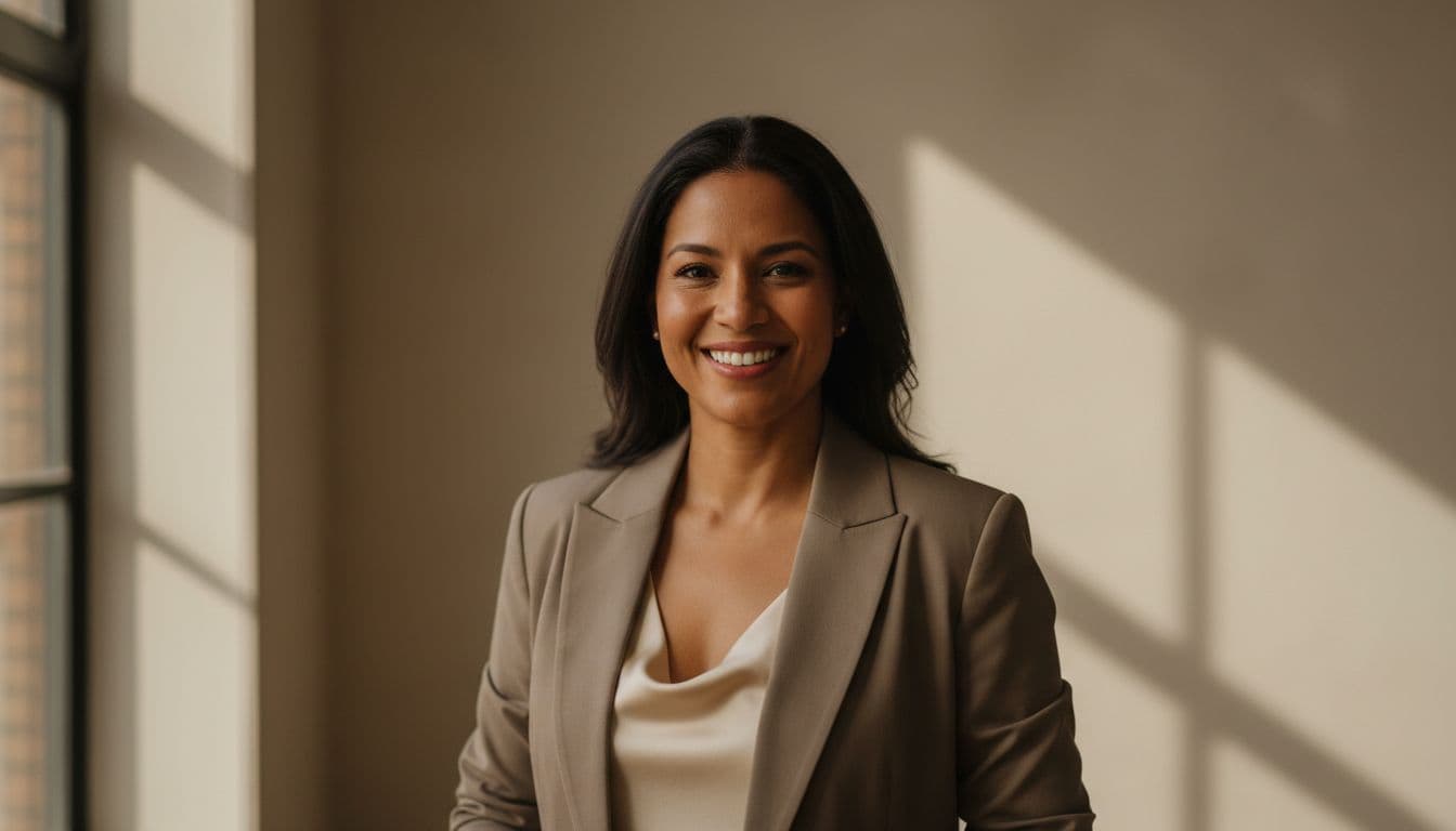 Smiling woman in a blazer photographed in soft natural window light for a professional headshot