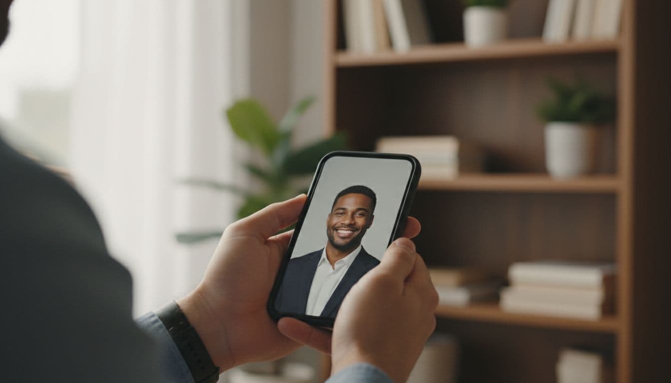 Man reviewing his final selected professional headshot photo on a smartphone at a home desk