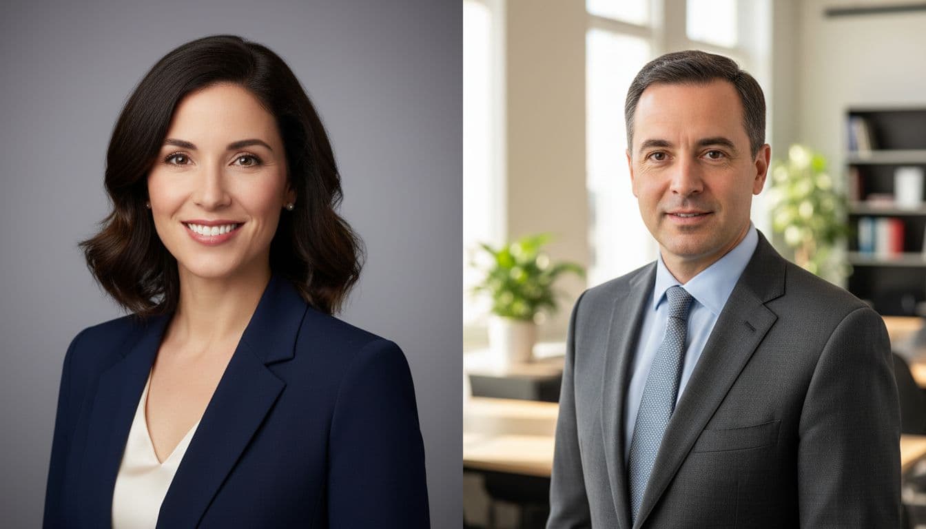 Split example of neutral grey and soft office backgrounds showing the best background for a headshot