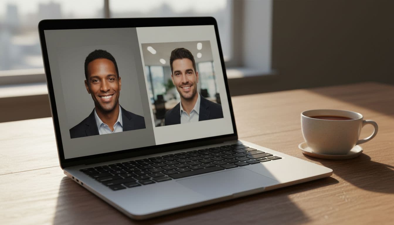 Laptop screen comparing neutral and environmental AI-generated headshot background options