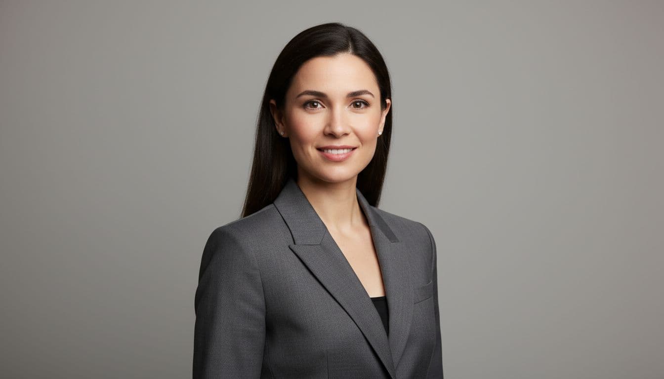 Professional headshot photographed against a plain neutral grey studio background