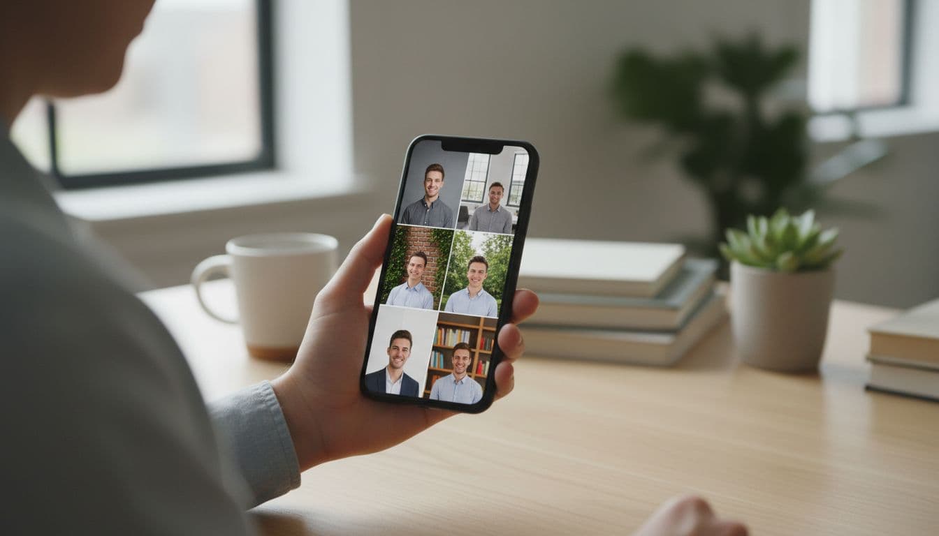 Person reviewing several headshot background choices on a smartphone before choosing a favorite