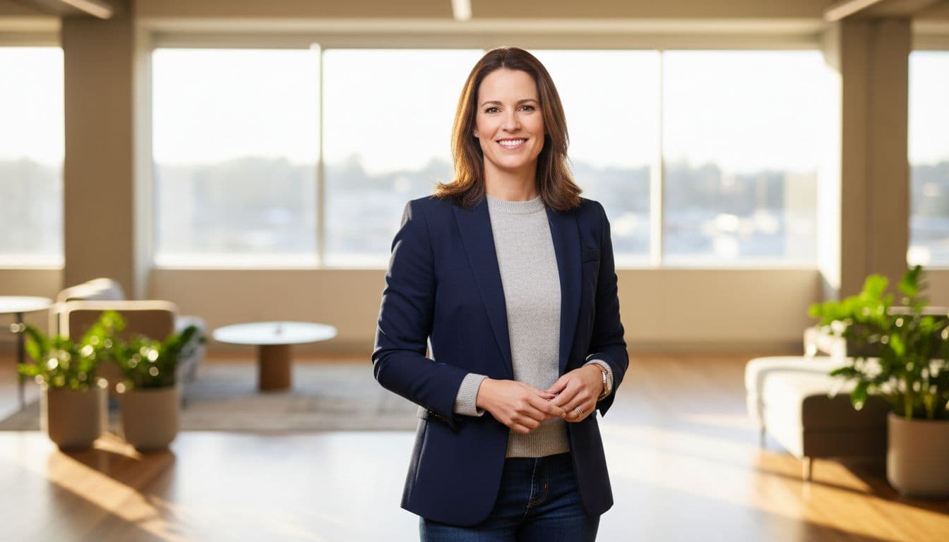 Founder photographed with a softly blurred office background behind a professional headshot