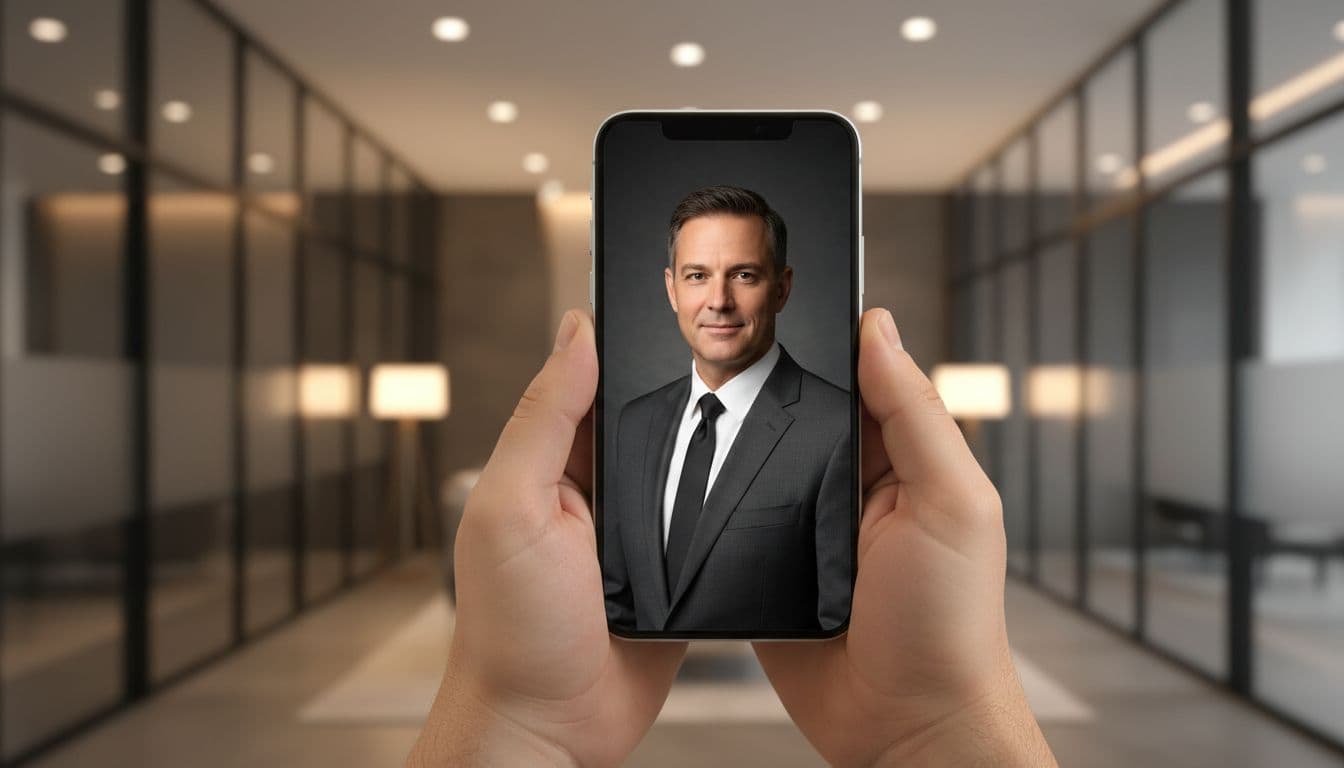 Hands holding a phone that shows a finished professional AI headshot in a dark suit, made with a free AI photo editor