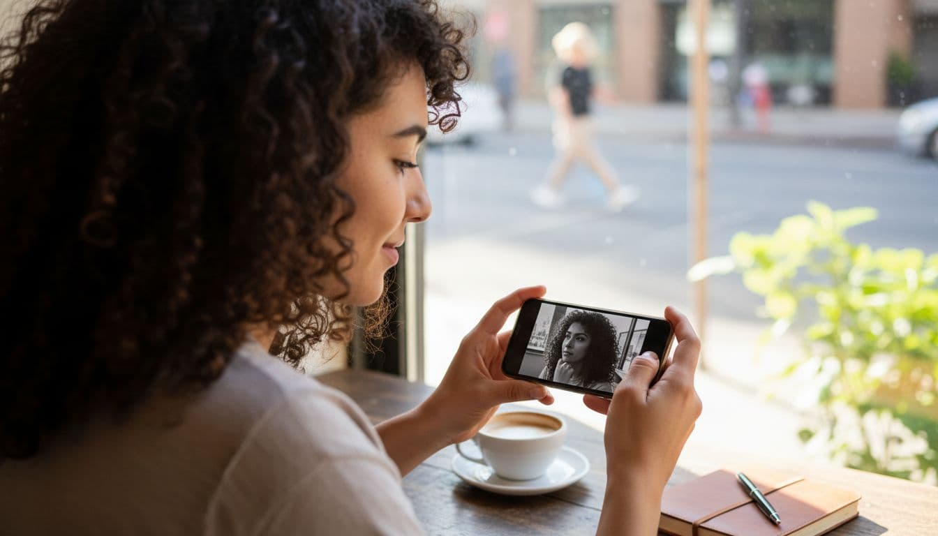 Woman at a sunny cafe table editing a portrait photo on her phone with a free AI photo editor app