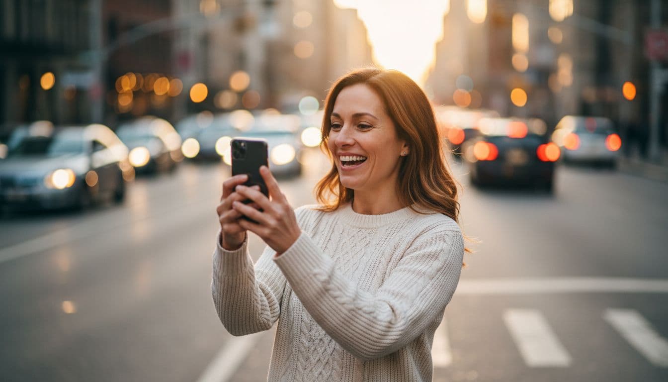 Smiling woman on a city street looking at an AI edited portrait on her phone at golden hour