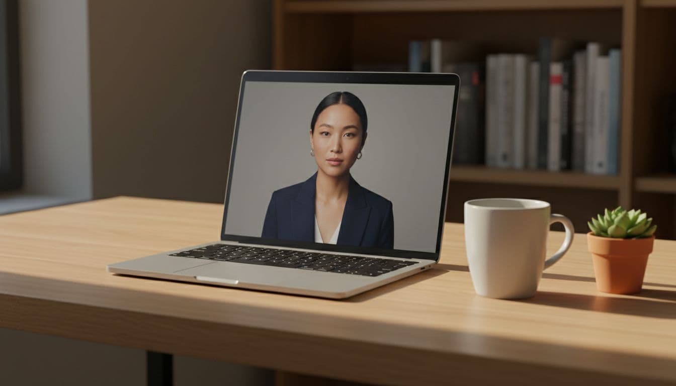 Laptop on a wooden desk showing a professional AI headshot created in the SelfAI web app without an account