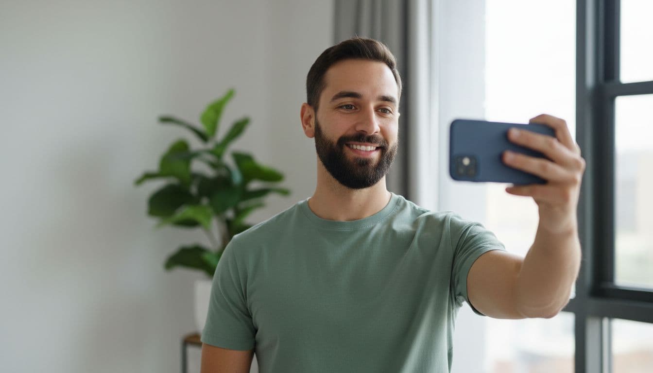 Man taking a selfie next to a bright window, the ideal starting photo for a free AI photo editor