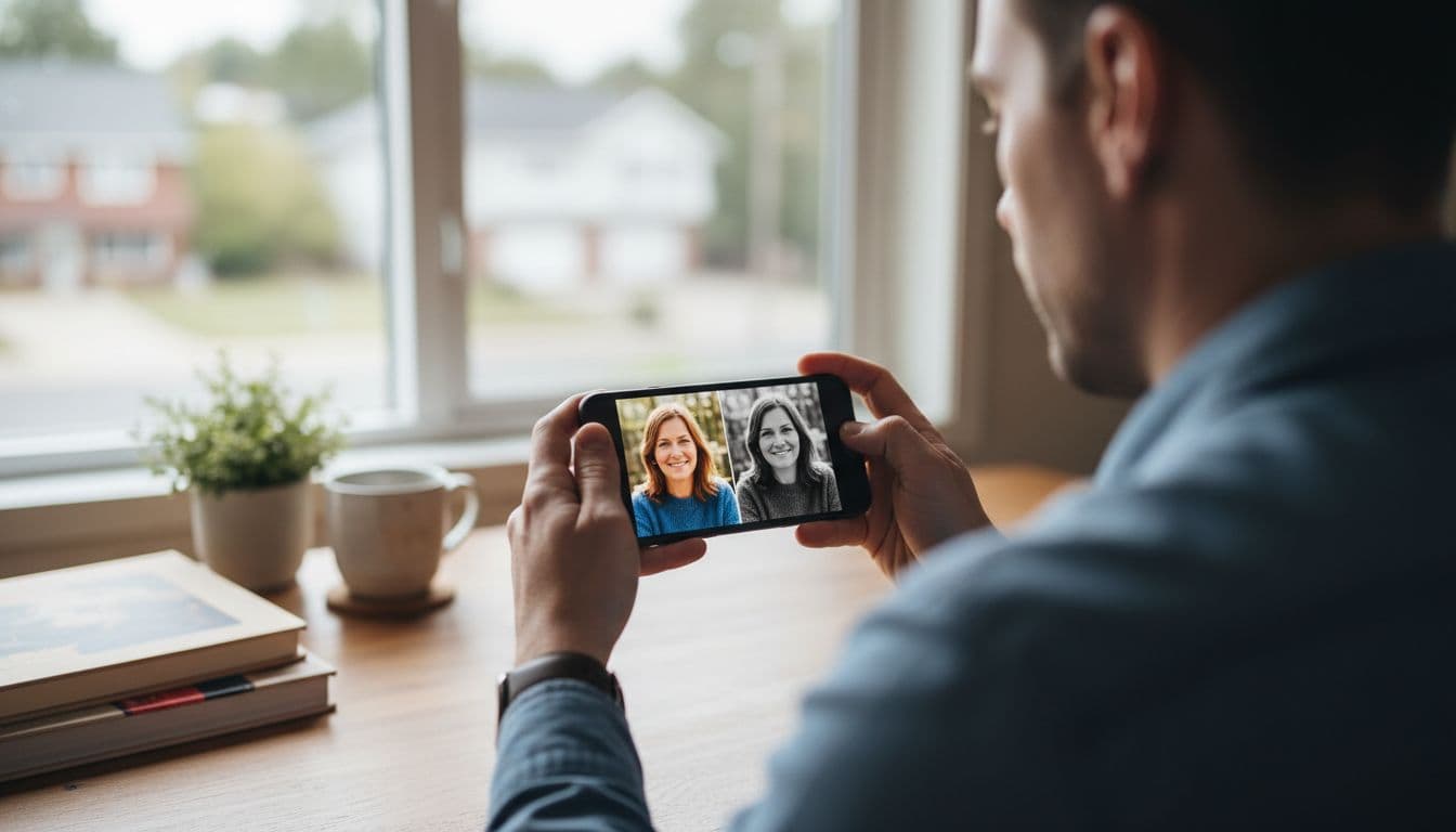 Person comparing a color portrait and a black and white portrait side by side on a smartphone screen