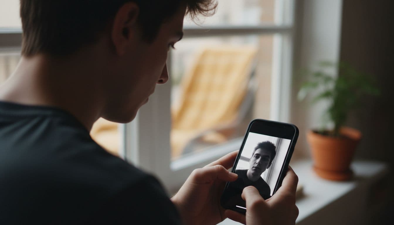 Person looking at a high-contrast black and white portrait of themselves on their phone near a bright window