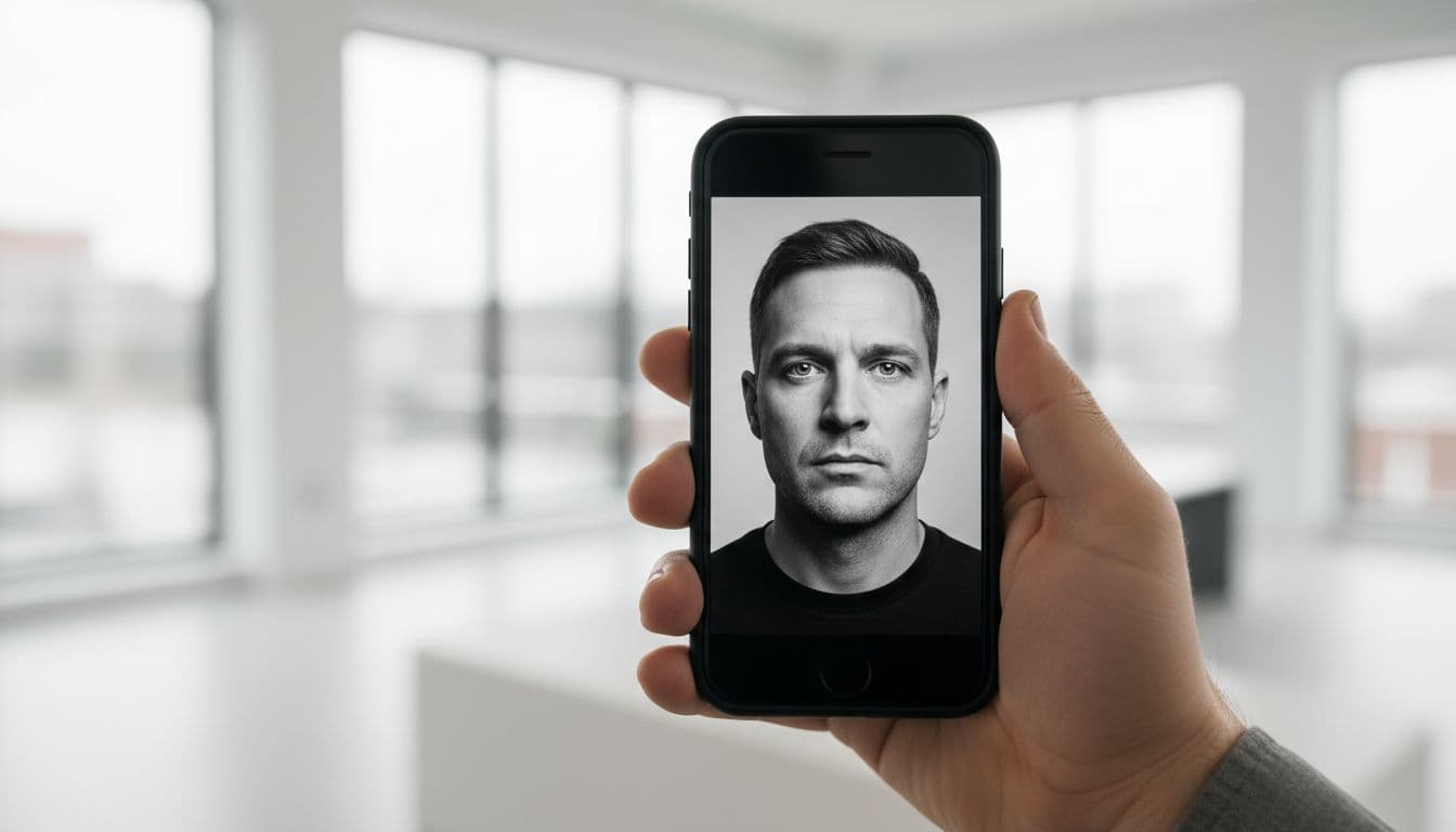 Hands holding a phone showing a finished high-contrast black and white professional headshot