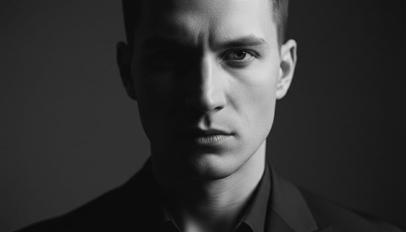 High-contrast editorial black and white portrait with dramatic shadow across the face and fine film grain