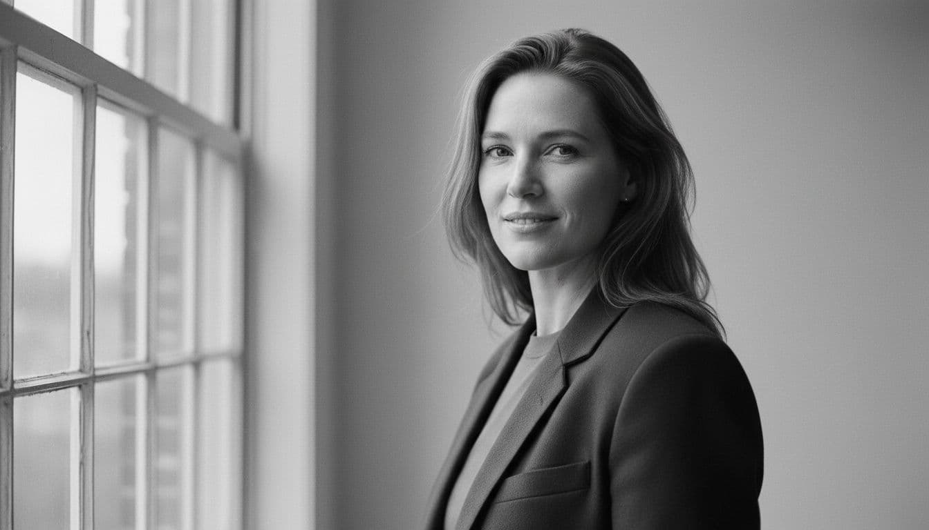 Black and white portrait photo of a person lit from the side by soft window light, shadow shaping one side of the face
