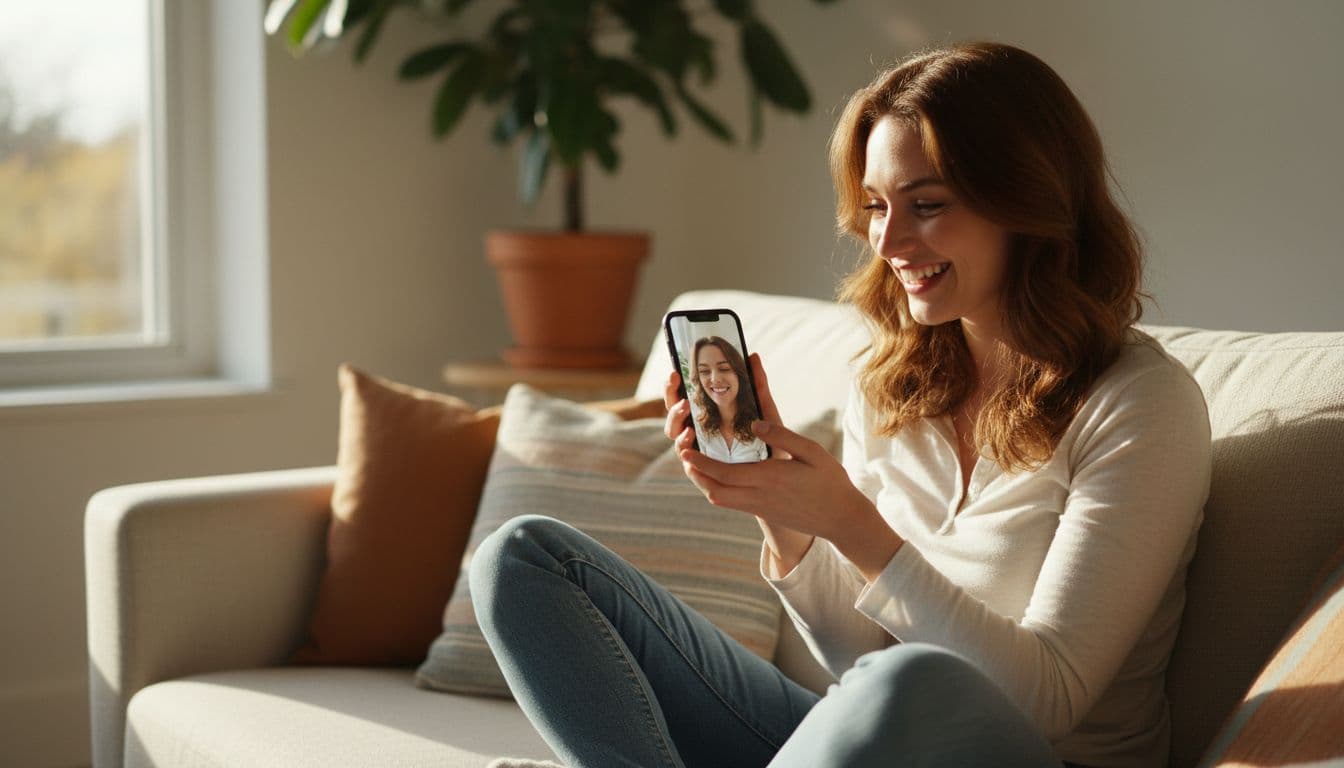 Smiling woman looking at natural AI-edited dating profile photos on her phone in soft daylight