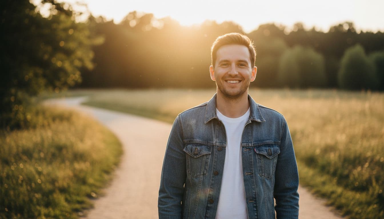 Golden hour travel-style portrait photo generated by an AI photo editor for a dating profile