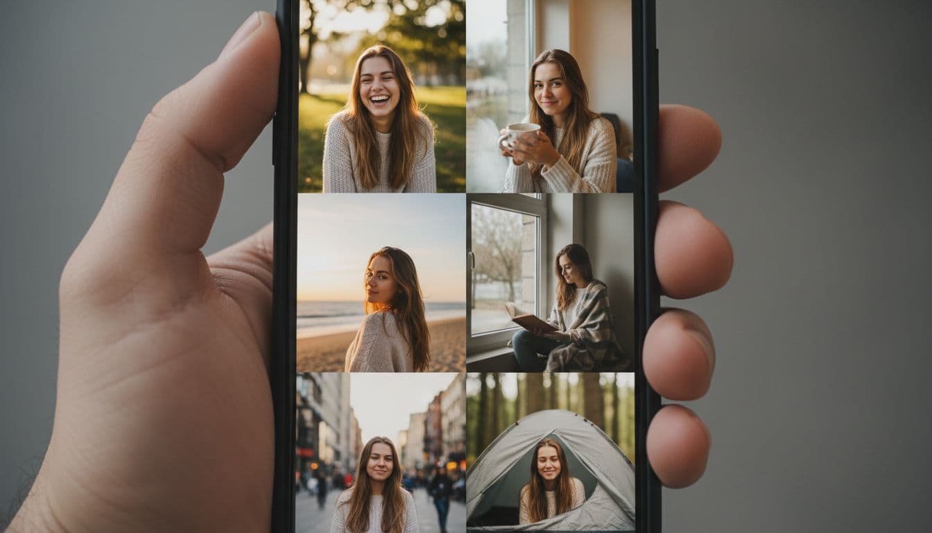 Grid of natural, recent AI-edited photos chosen for a dating app profile