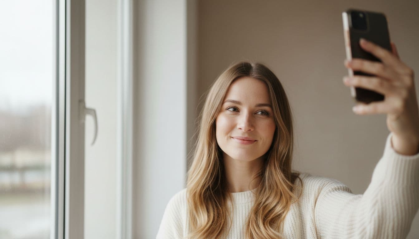 Woman taking a natural selfie beside a bright window to use as a dating profile photo