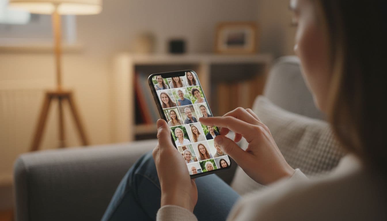 Close-up of hands scrolling through AI-generated portrait styles on a smartphone screen