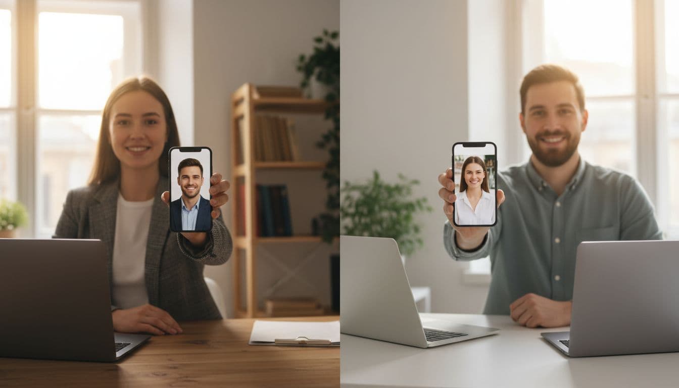 Twee startup-founders in een videocall die allebei hun telefoon omhoog houden om bijpassende AI-headshots te vergelijken