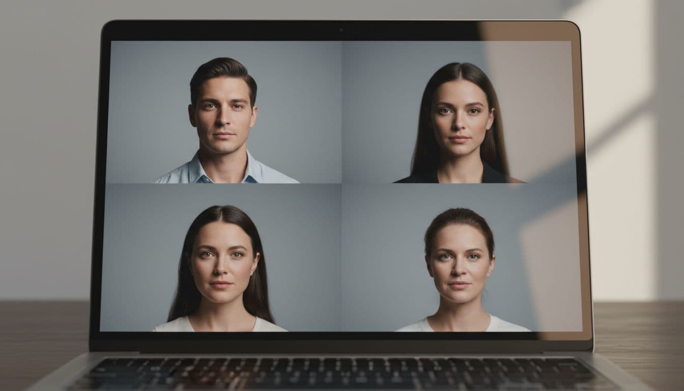 Een raster van vier bijpassende professionele founder-headshots op een laptopscherm, met dezelfde achtergrond en uitsnede