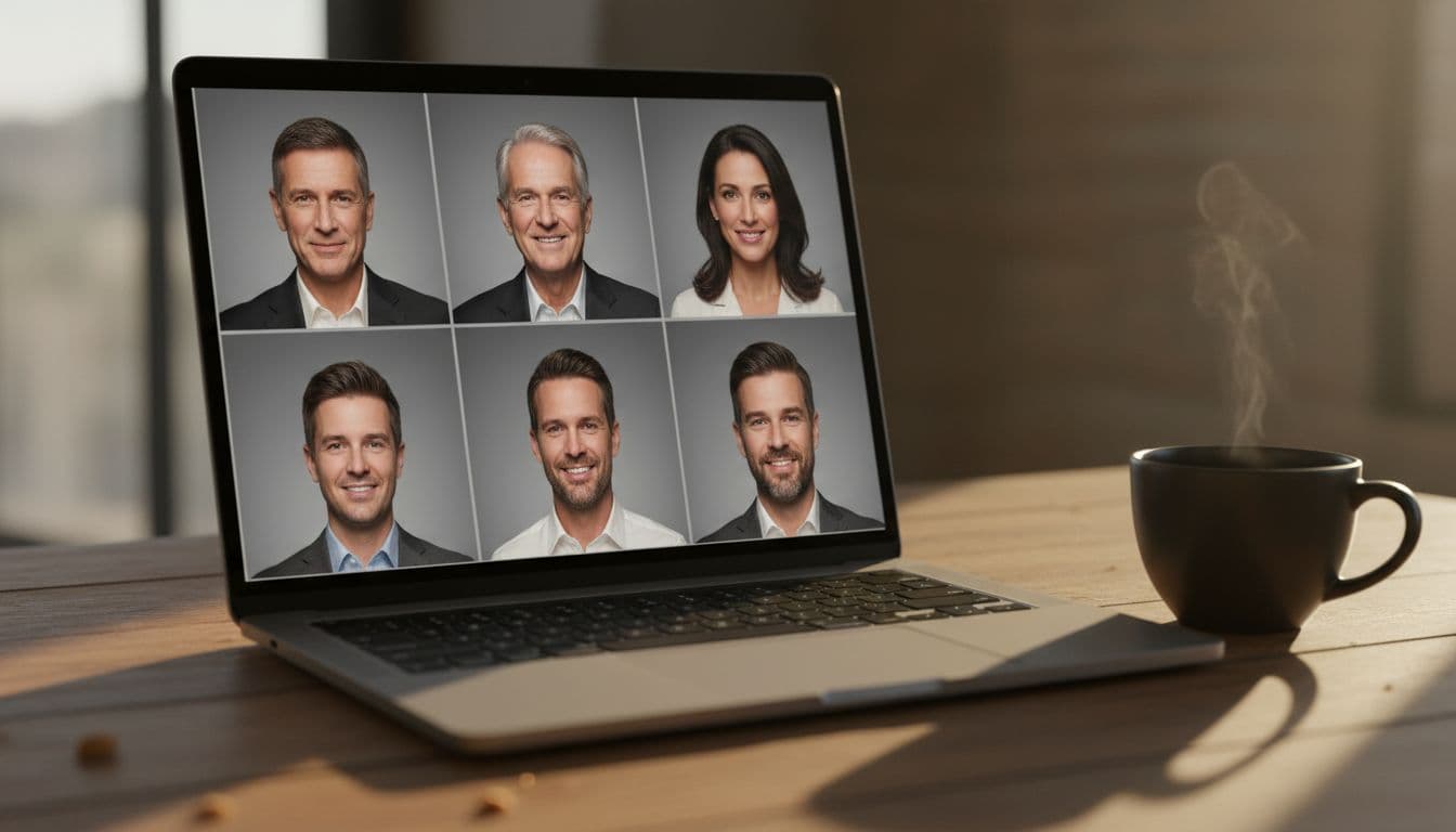 Een laptopscherm met een presskit-pagina van een startup en een net raster van bijpassende founder-headshots
