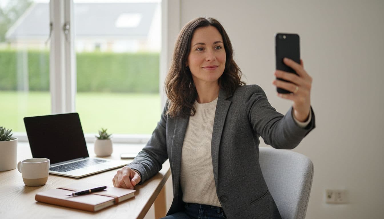Een founder maakt een selfie bij een raam aan een thuiswerkplek om een professionele founder-headshot te maken
