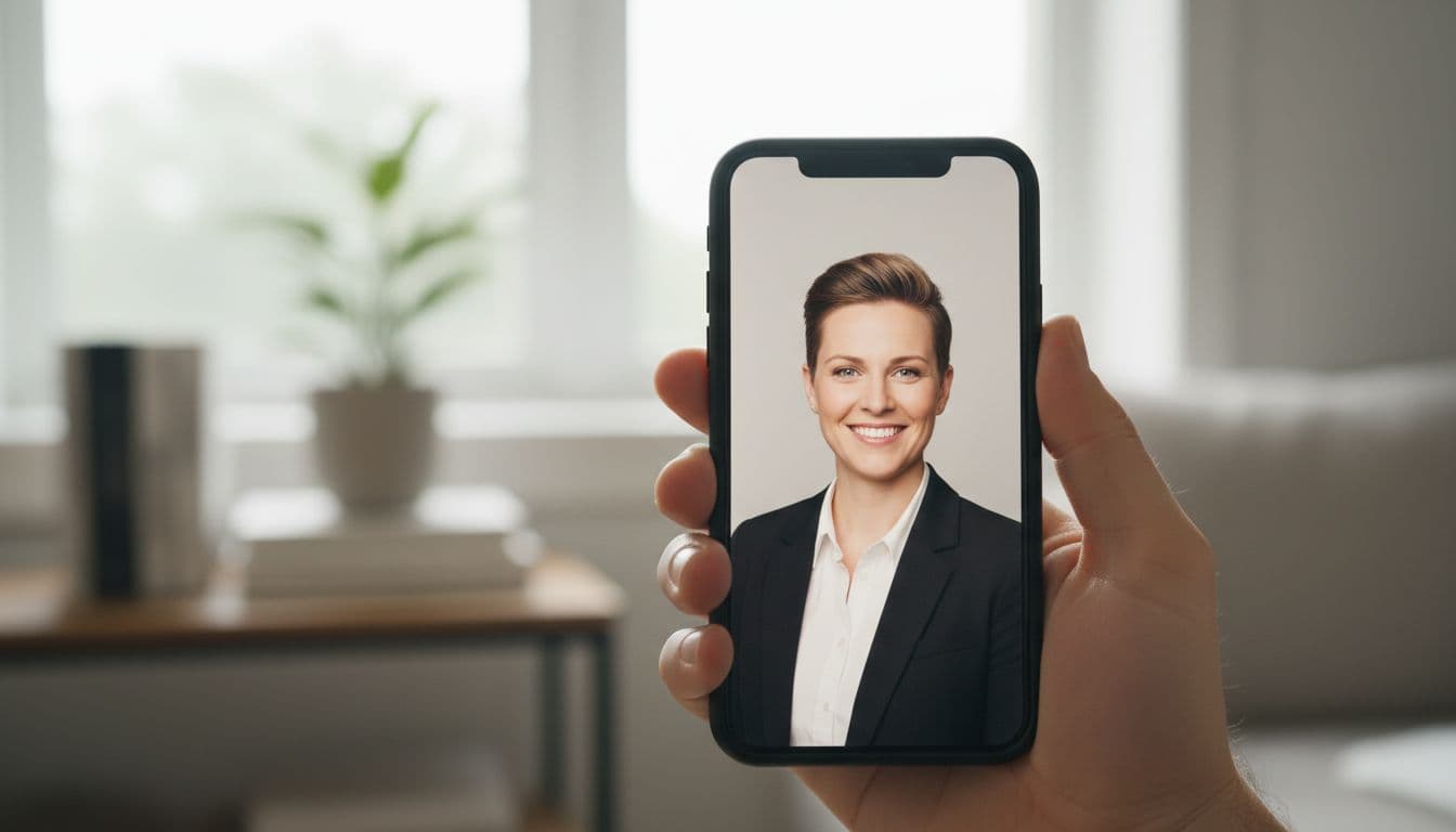 Phone screen showing a polished professional headshot with even lighting after AI photo editing fixed the original selfie