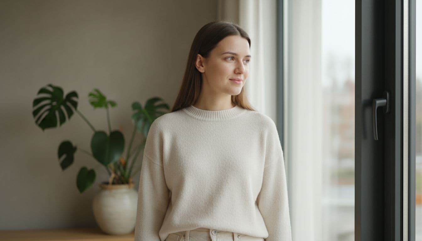 Woman standing beside a bright window using soft daylight, a simple example of good headshot lighting tips before a selfie