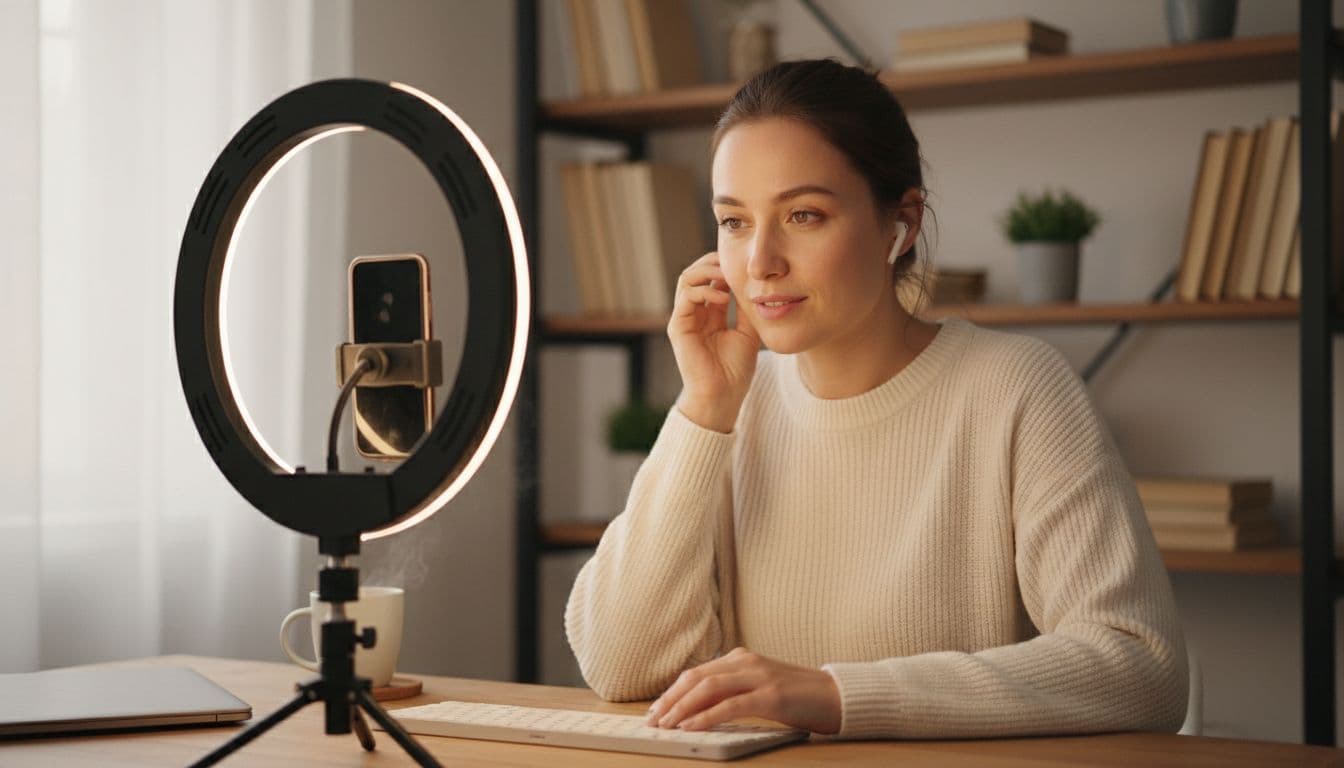 Woman sitting in front of a ring light at a desk preparing for a video call and a headshot photo