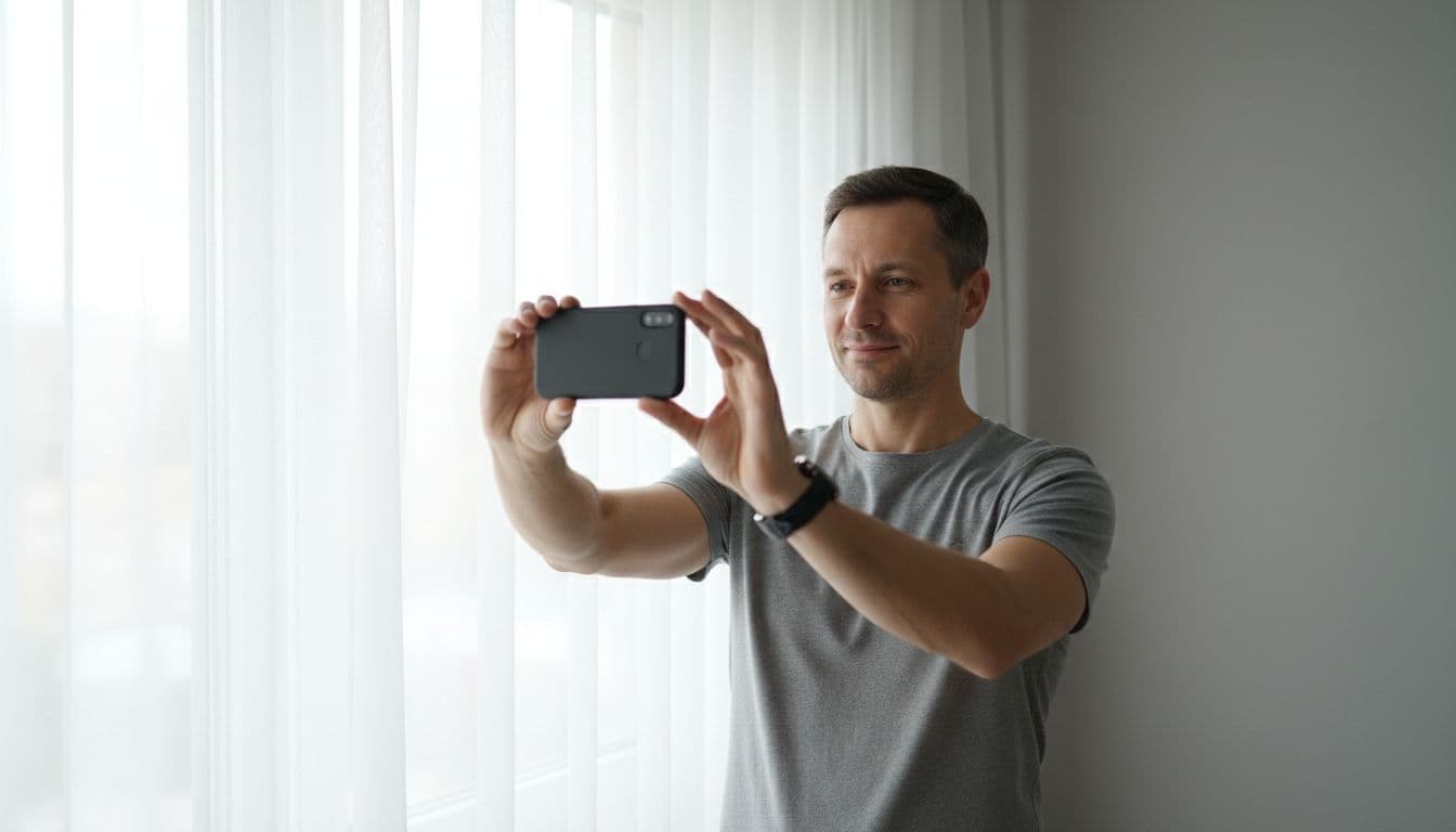 Man standing close to a bright apartment window using soft daylight as headshot lighting for a selfie