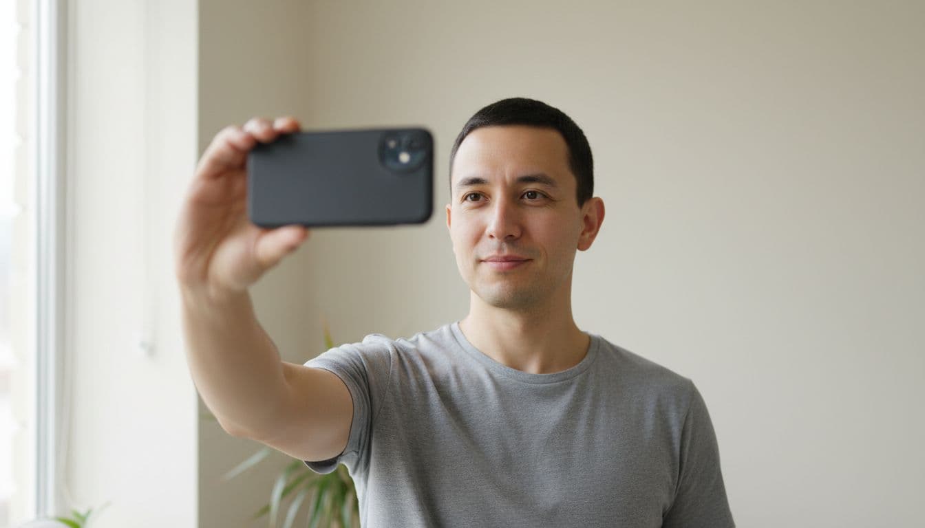 Man holding his phone at eye level with his arm extended to take a straight-on selfie for an AI headshot