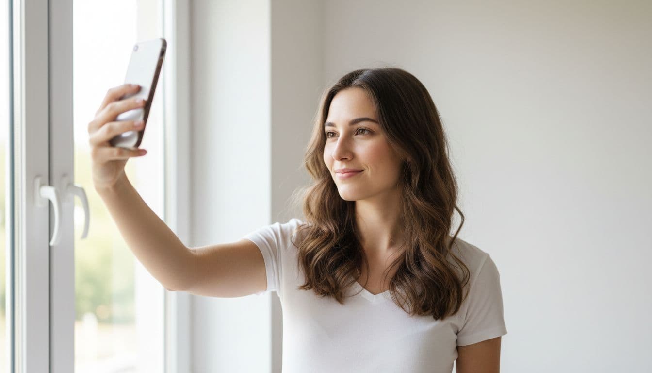 A step-by-step example of how to take a selfie for AI headshots, photographed in soft natural window light